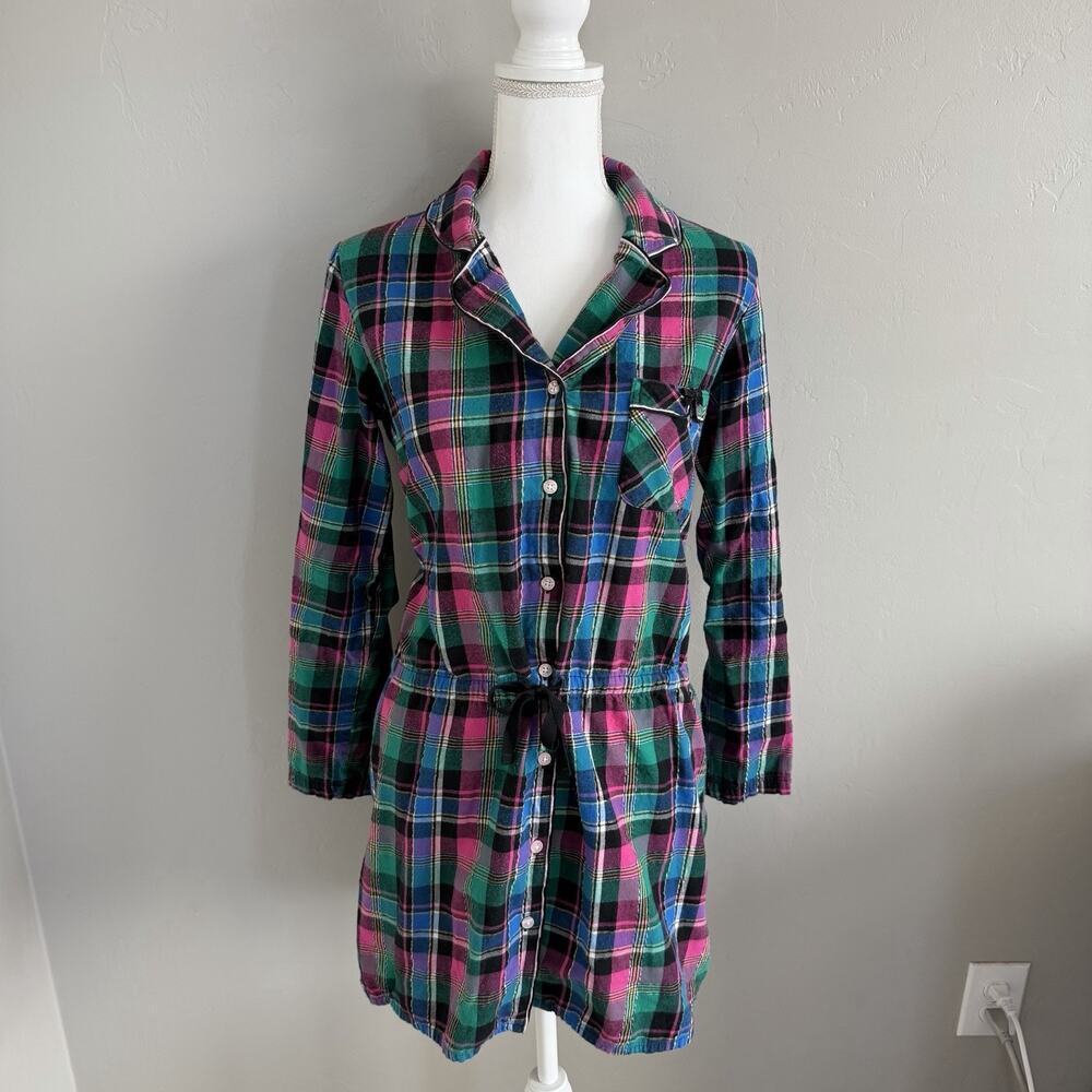 VICTORIA'S SECRET Pink Plaid Drawstring Lounge Pajama Sleep Shirt Flannel Size M